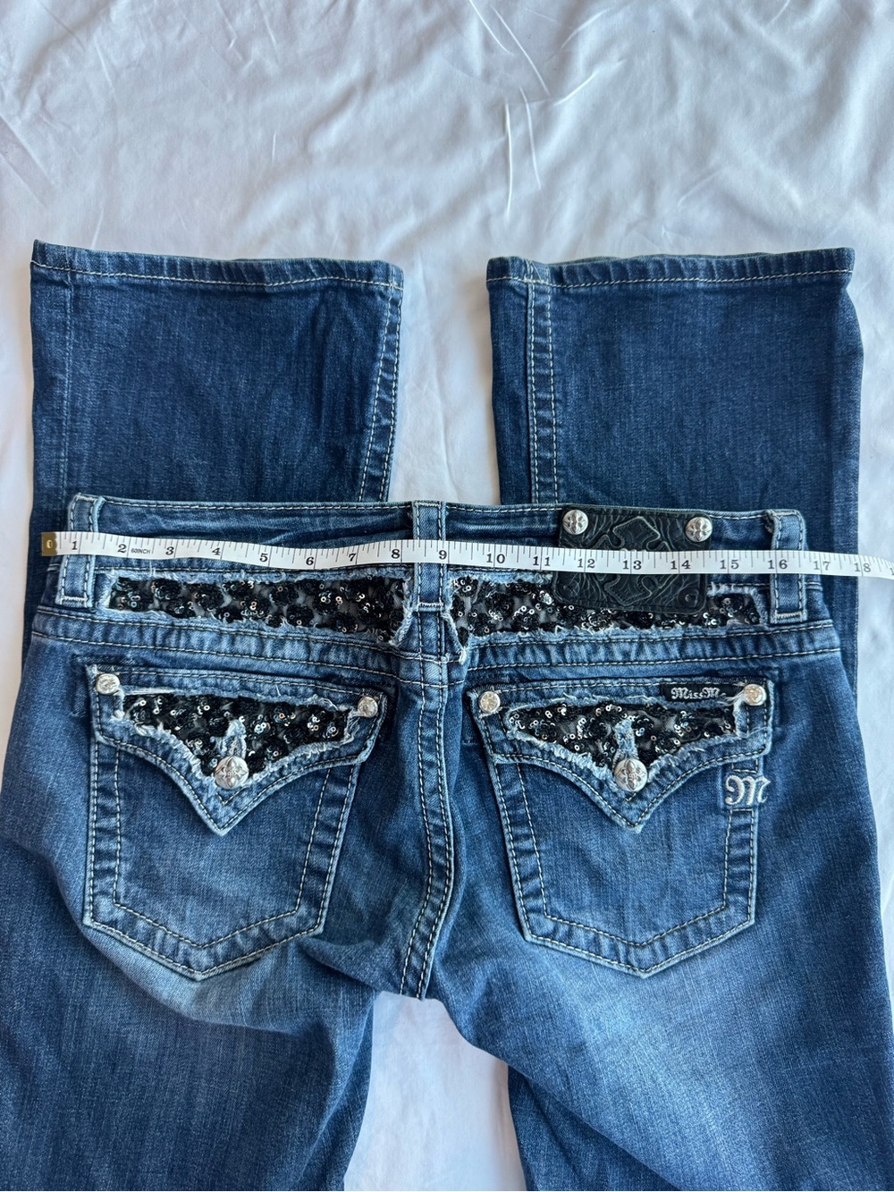 Y2K Miss Me Black Sequin Flap Pocket Bootcut Jeans Size 30 Low Rise Bootbarn - Picture 10 of 14